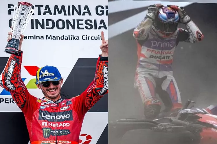 (Kiri) Francesco Bagnaia Raih Juara, (Kanan) Jorge Martin Pramac Ducati Racing Lowside di Sirkuit Internasional Mandalika. (Instagram racingmemes56)