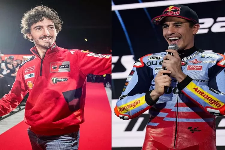 (kiri) Francesco Bagnaia Juara Dunia MotoGP 2023,(kanan) Marc Marquez Pembalap Ducati Gresini Racing Saat Peluncuran Gresini Racing. (Instagram @pecco63 @marcmarquez93)